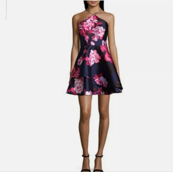 Navy/ Pink Halter Fit and Flare Mini Dress Prom/ Party Floral Satin NWT Sz 11 - Picture 1 of 8